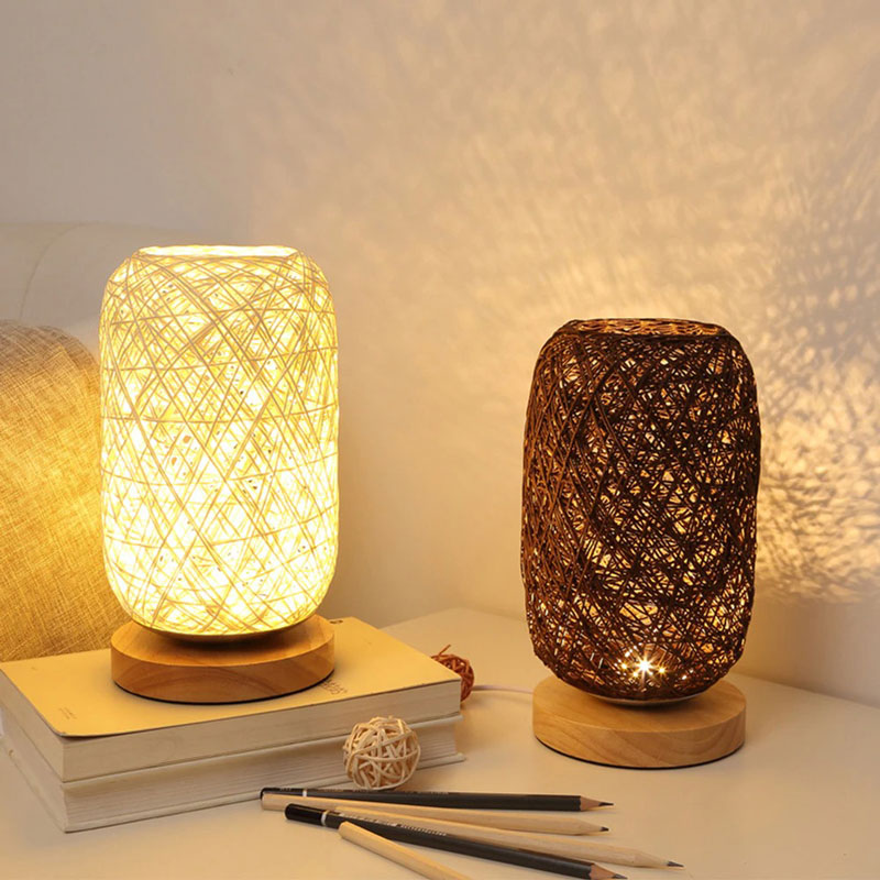 Rattan and Wooden Bedside Lamp with Modern Book Design