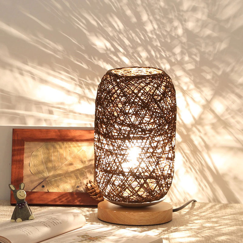 Rattan and Wooden Bedside Lamp with Modern Book Design