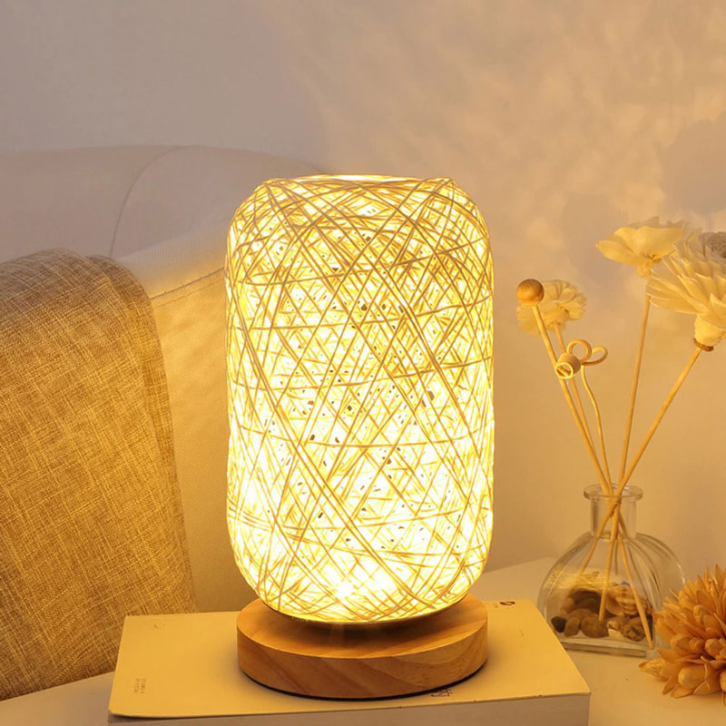 Rattan and Wooden Bedside Lamp with Modern Book Design