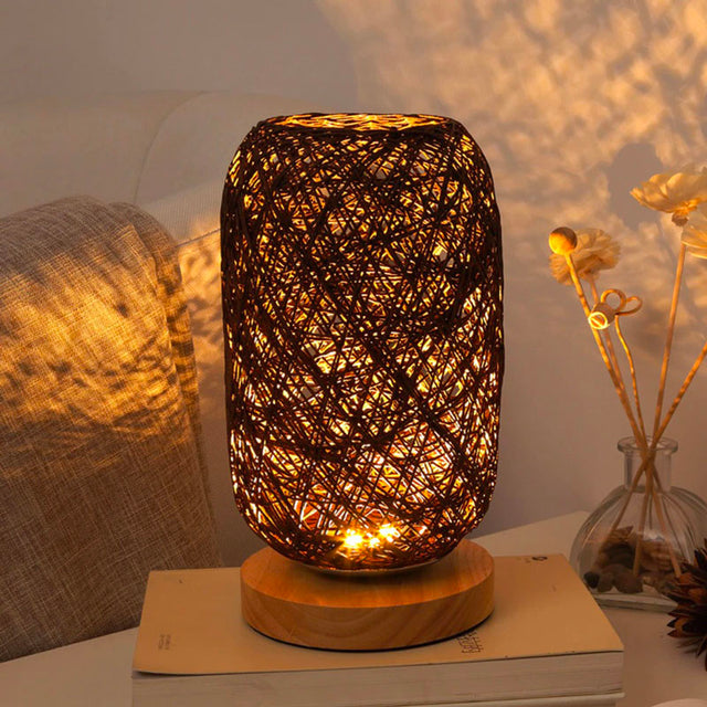 Rattan and Wooden Bedside Lamp with Modern Book Design