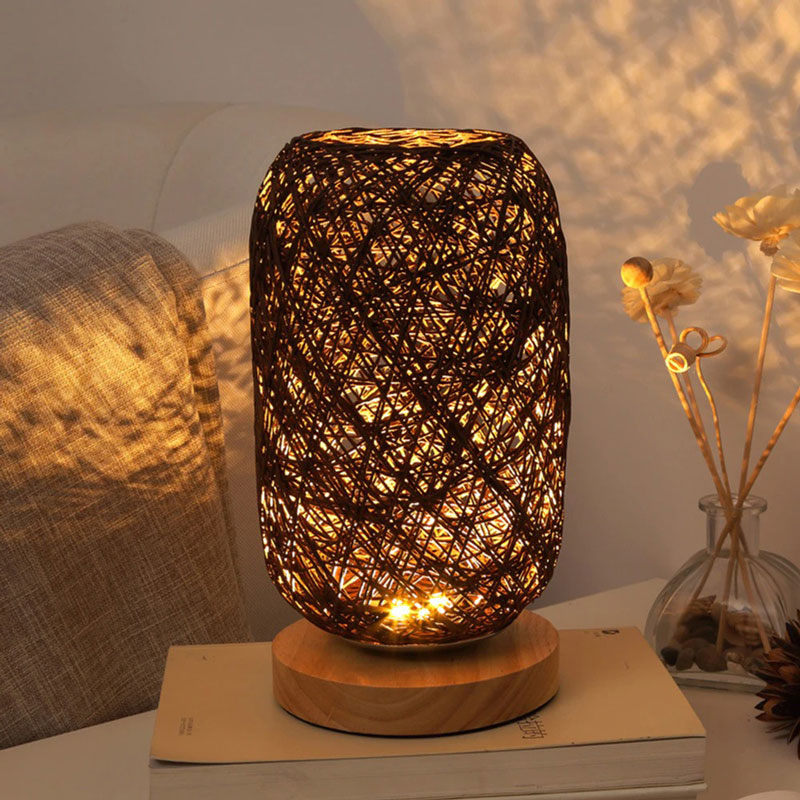 Rattan and Wooden Bedside Lamp with Modern Book Design