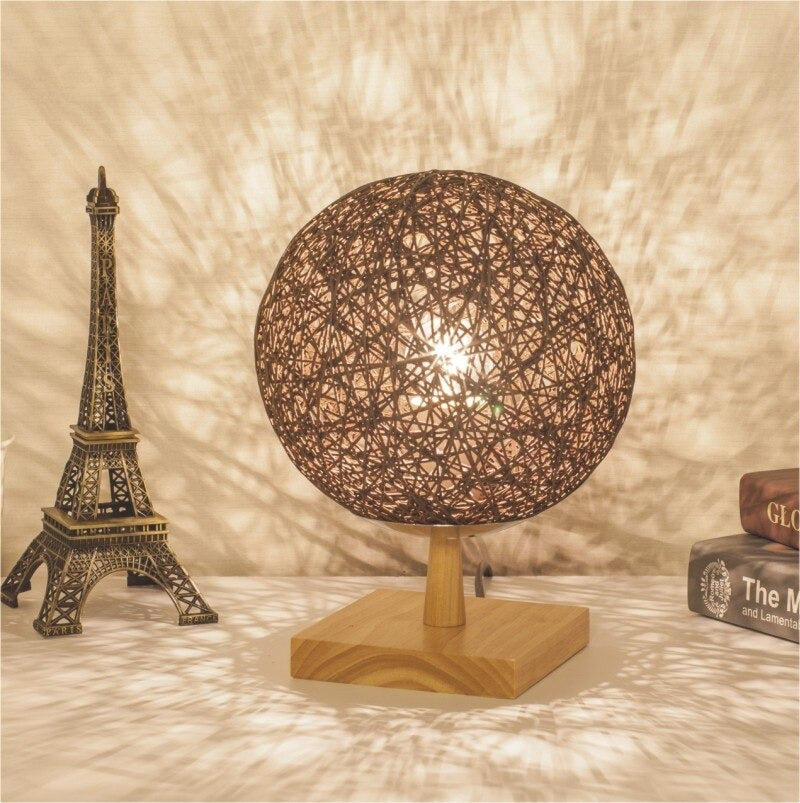 Rattan Bedside Lamp With Wooden Base For Modern Decor