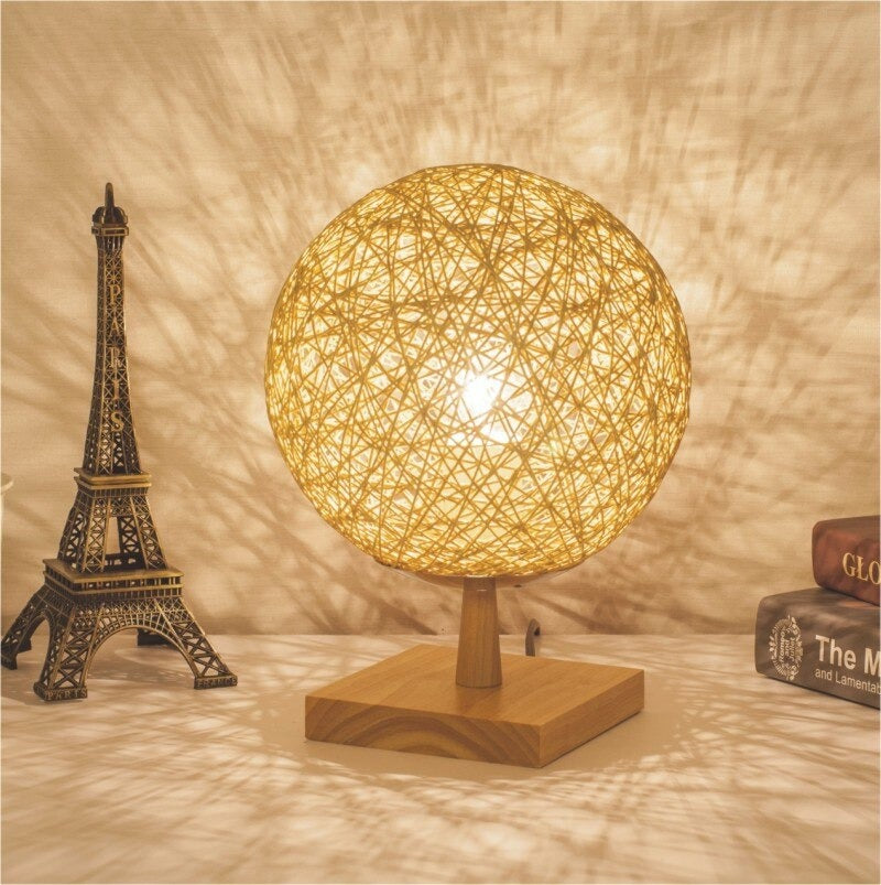 Rattan Bedside Lamp With Wooden Base For Modern Decor
