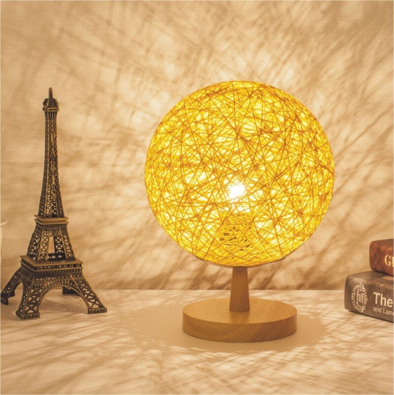Rattan Bedside Lamp With Wooden Base For Modern Decor