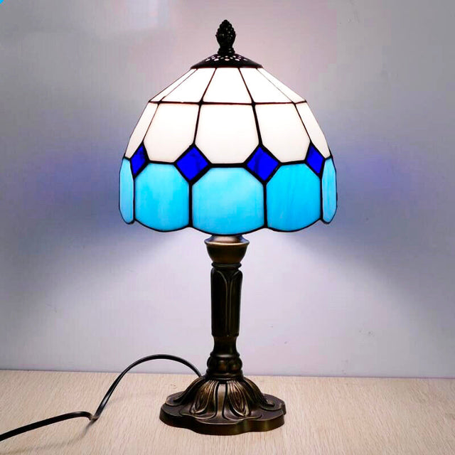 Blue Tiffany Vintage Bedside Lamp with Stained Glass Shade