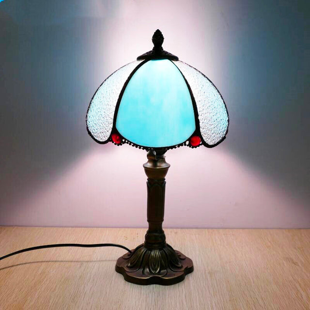 Blue Tiffany Vintage Bedside Lamp with Stained Glass Shade