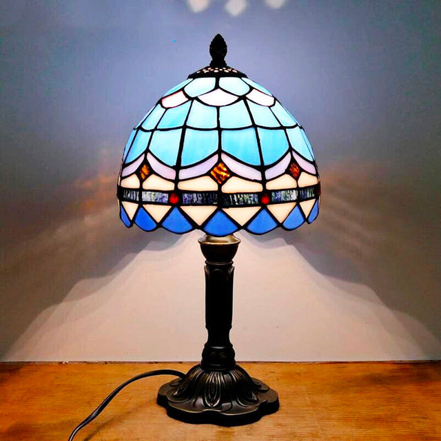 Blue Tiffany Vintage Bedside Lamp with Stained Glass Shade
