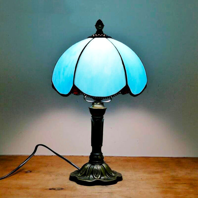 Blue Tiffany Vintage Bedside Lamp with Stained Glass Shade