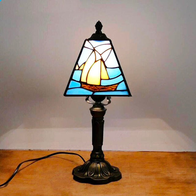 Blue Tiffany Vintage Bedside Lamp with Stained Glass Shade