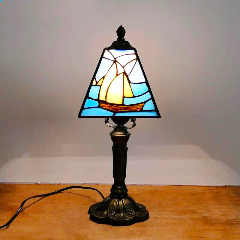 Blue Tiffany Vintage Bedside Lamp with Stained Glass Shade