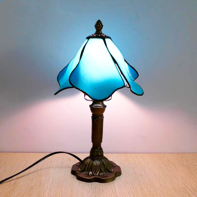 Blue Tiffany Vintage Bedside Lamp with Stained Glass Shade