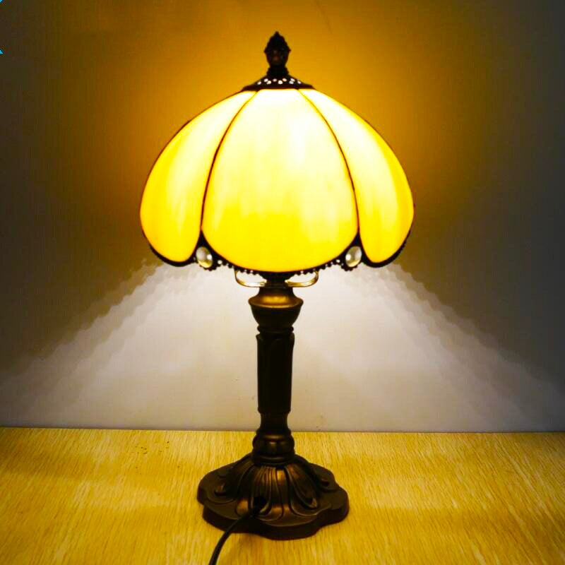Yellow Tiffany Vintage Bedside Lamp with Metal Structure