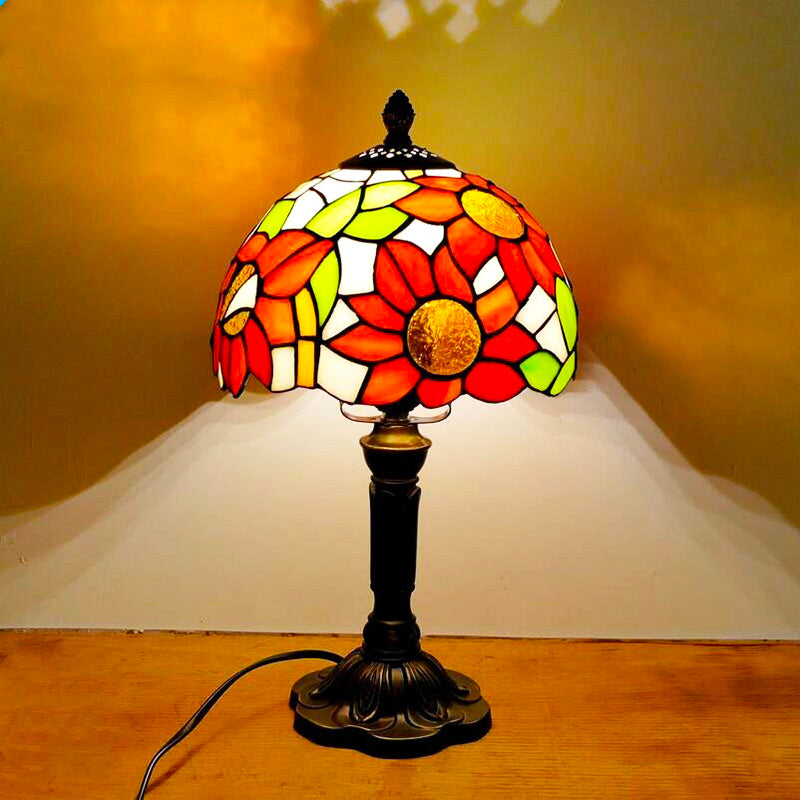 Red Tiffany Vintage Bedside Lamp with Stained Glass Shade