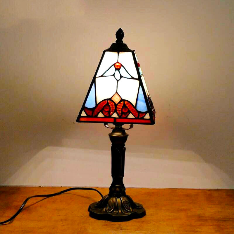 Red Tiffany Vintage Bedside Lamp with Stained Glass Shade
