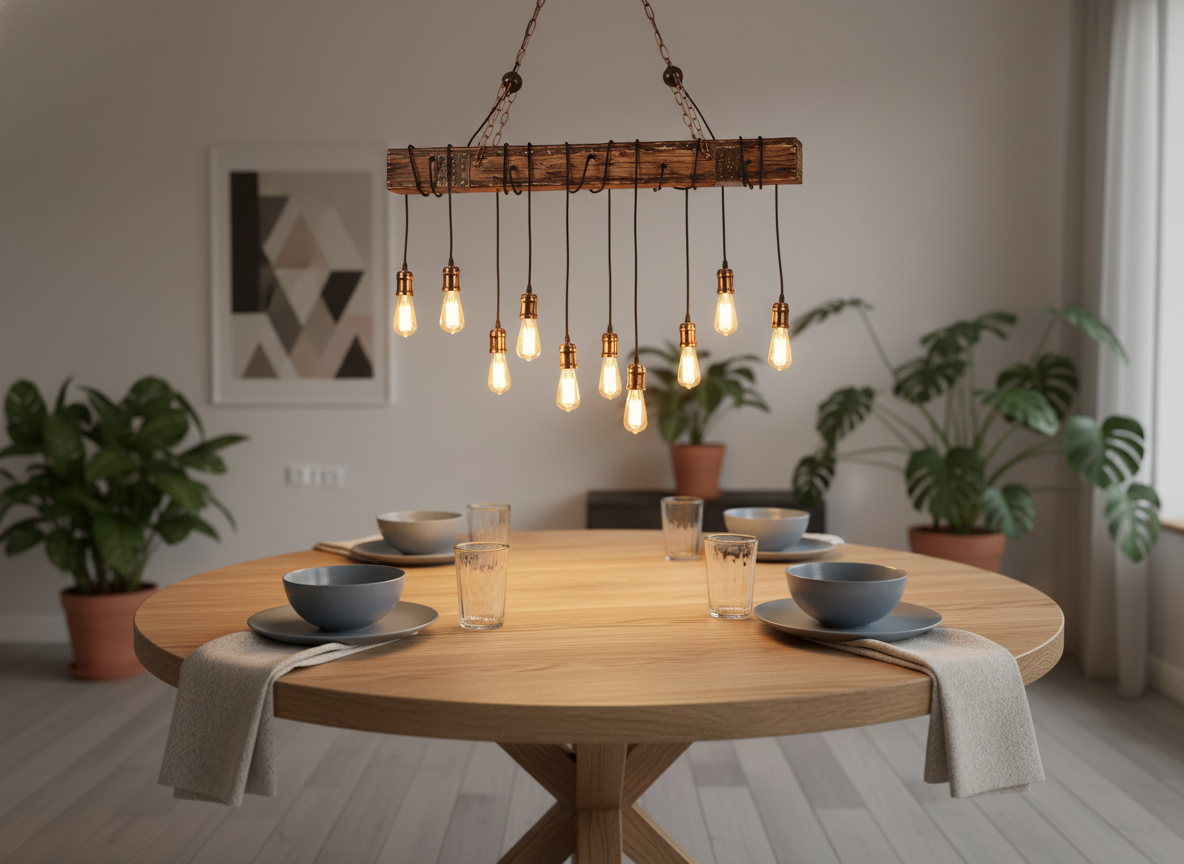 Loft Bar Chandelier - Industrial Vintage Wood & Metal LED Pendant Light for Living Rooms & Bars