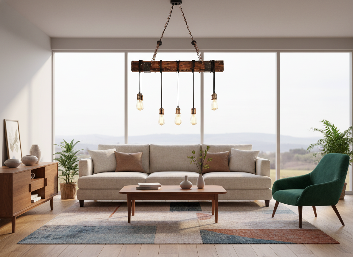 Loft Bar Chandelier - Industrial Vintage Wood & Metal LED Pendant Light for Living Rooms & Bars