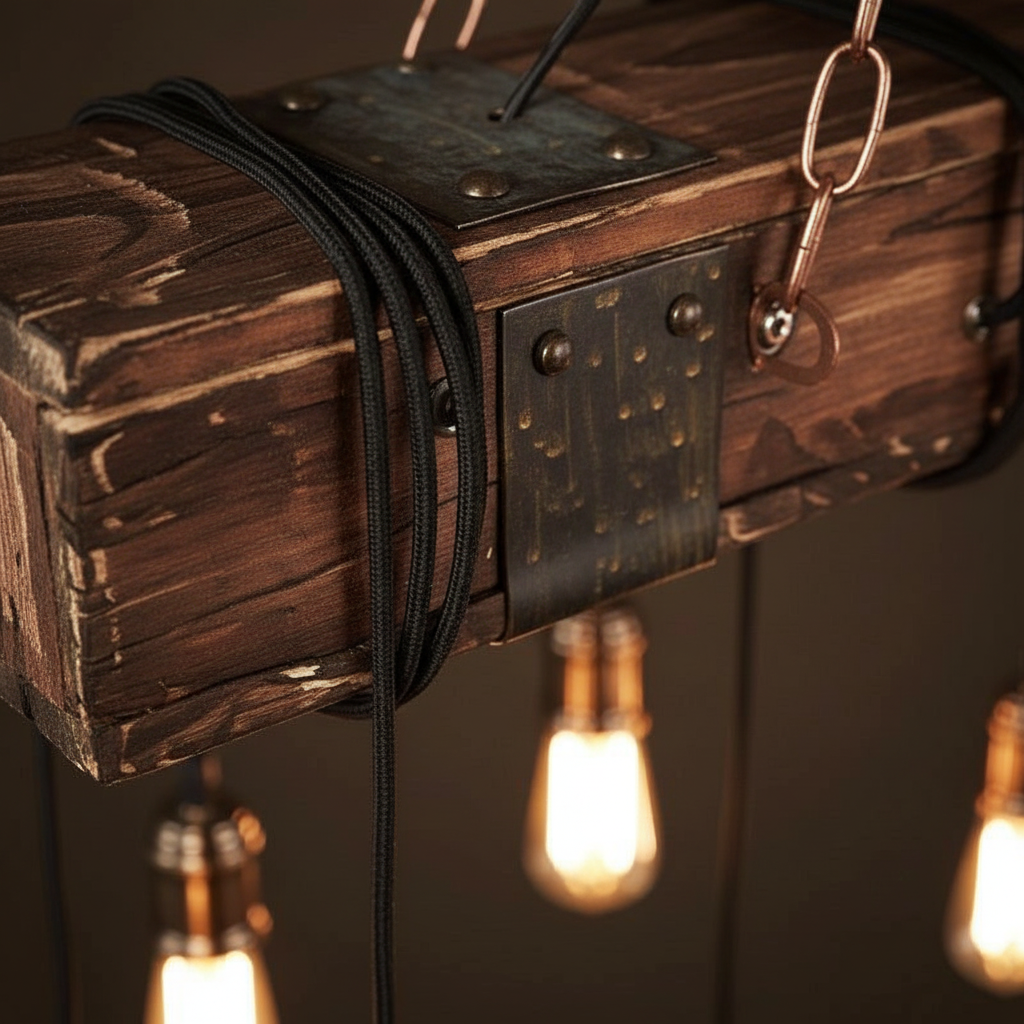 Loft Bar Chandelier - Industrial Vintage Wood & Metal LED Pendant Light for Living Rooms & Bars