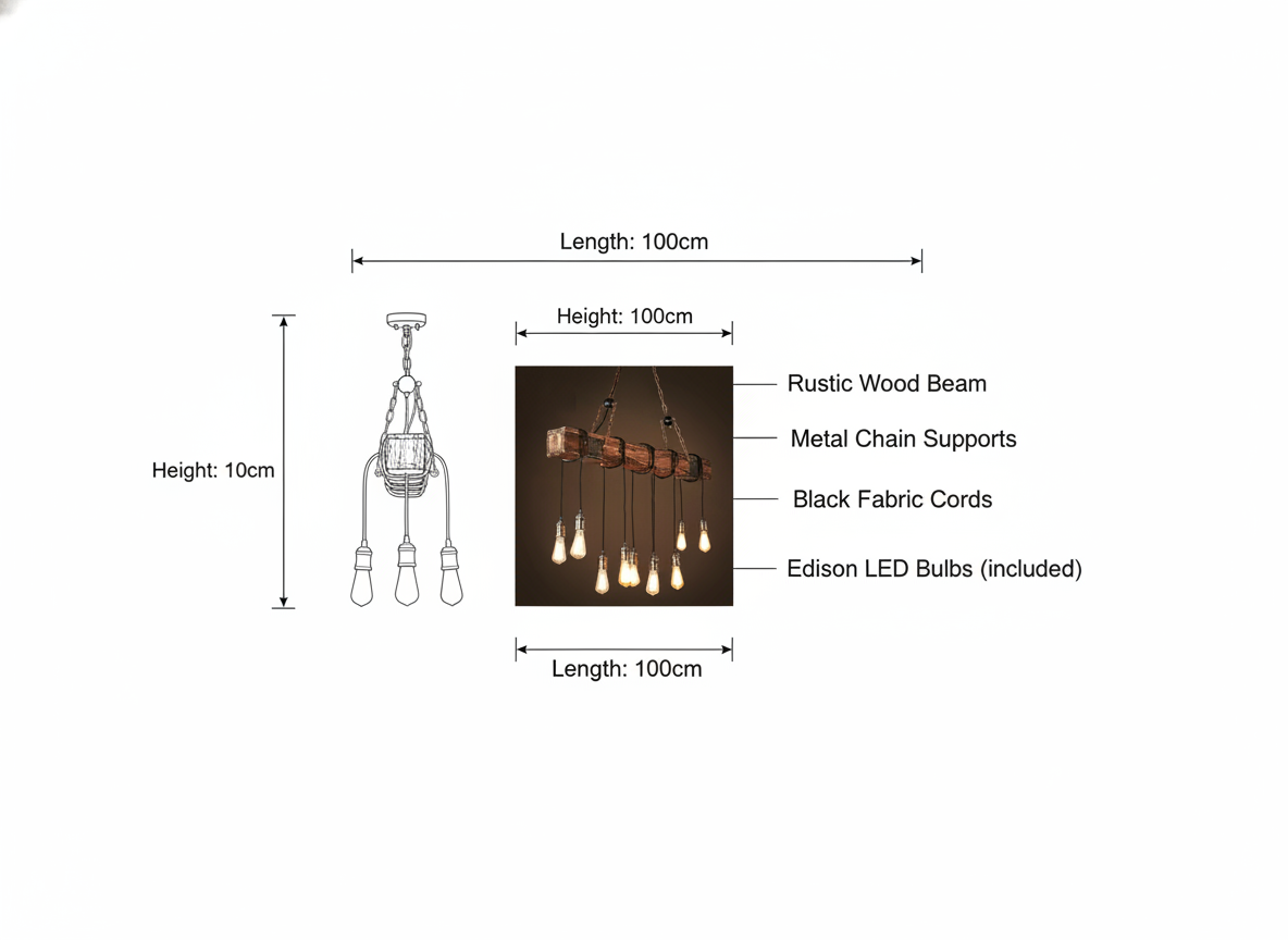 Loft Bar Chandelier - Industrial Vintage Wood & Metal LED Pendant Light for Living Rooms & Bars