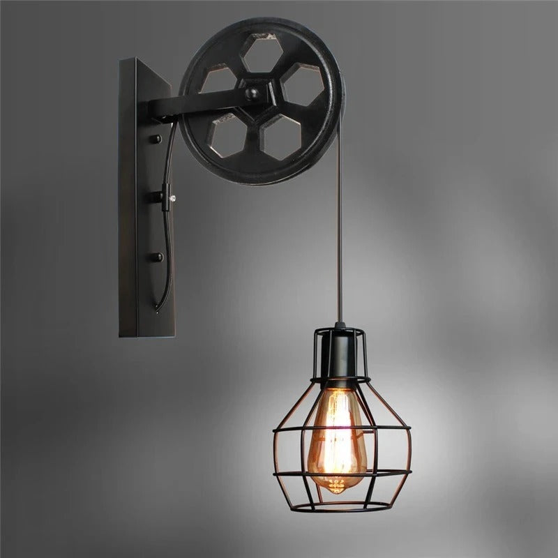 Vintage Wall Lamp with Pulley - Retro Industrial LED Sconce