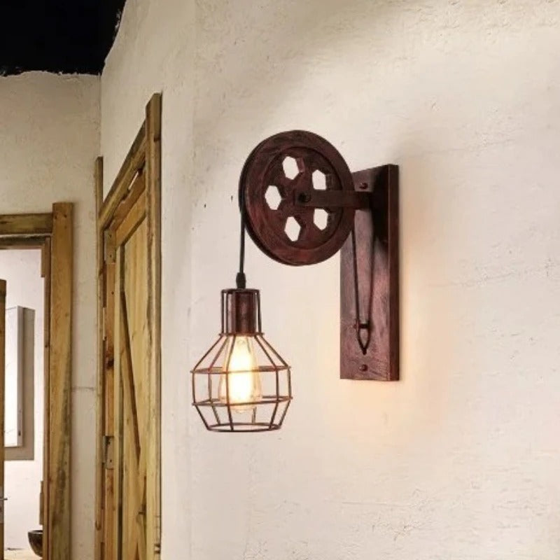 Vintage Wall Lamp with Pulley - Retro Industrial LED Sconce