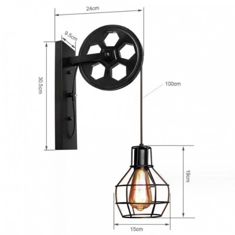 Vintage Wall Lamp with Pulley - Retro Industrial LED Sconce