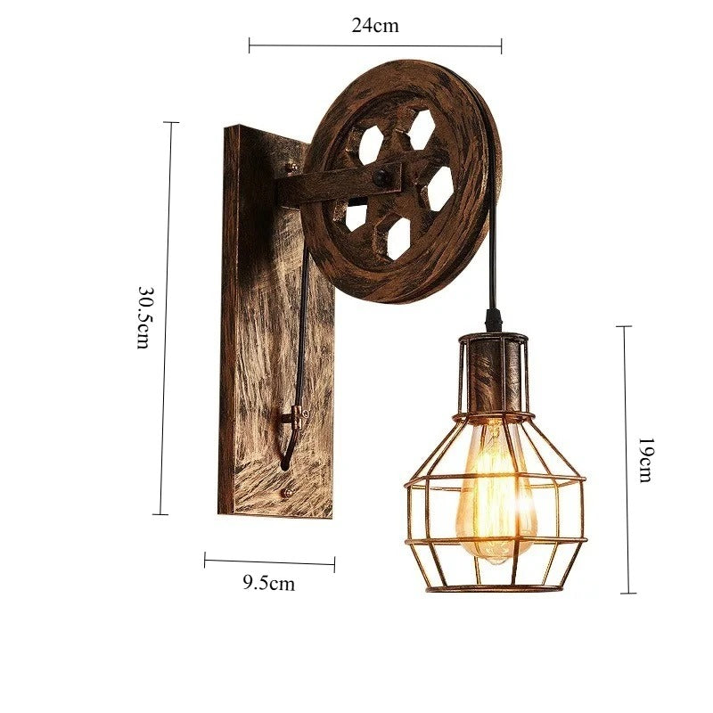 Vintage Wall Lamp with Pulley - Retro Industrial LED Sconce