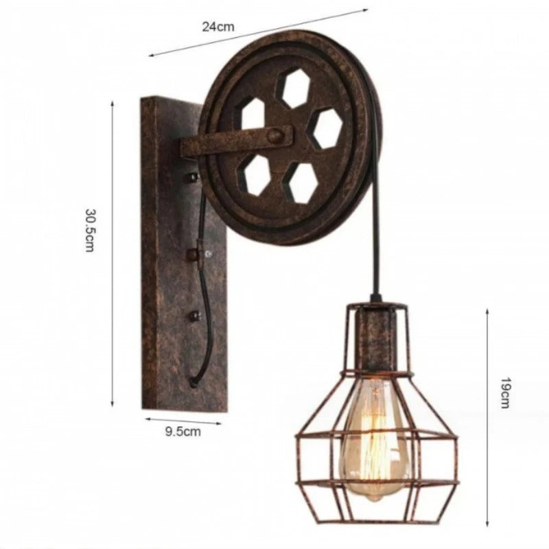 Vintage Wall Lamp with Pulley - Retro Industrial LED Sconce