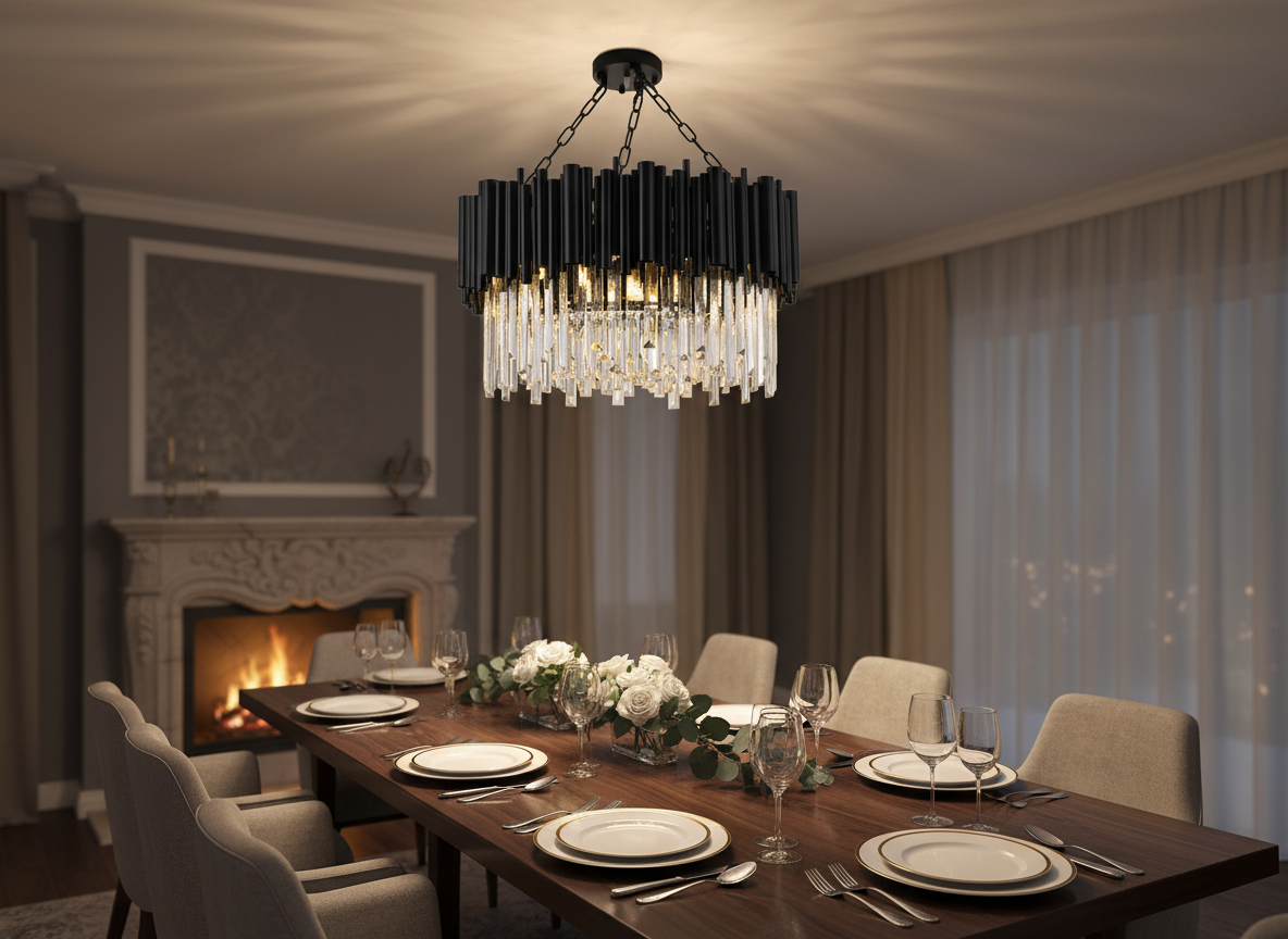 Majestic Chandelier – Luxury Crystal LED Pendant Light | Black Metal Frame & K9 Crystals
