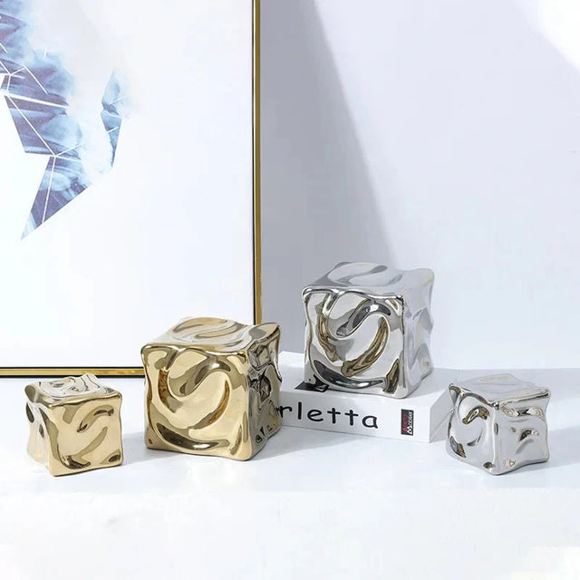 Metallic Coloured Cube Ornament in Modern Ceramic Design