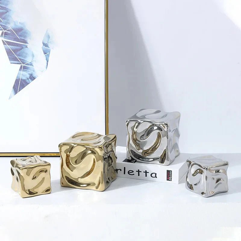 Metallic Coloured Cube Ornament in Modern Ceramic Design