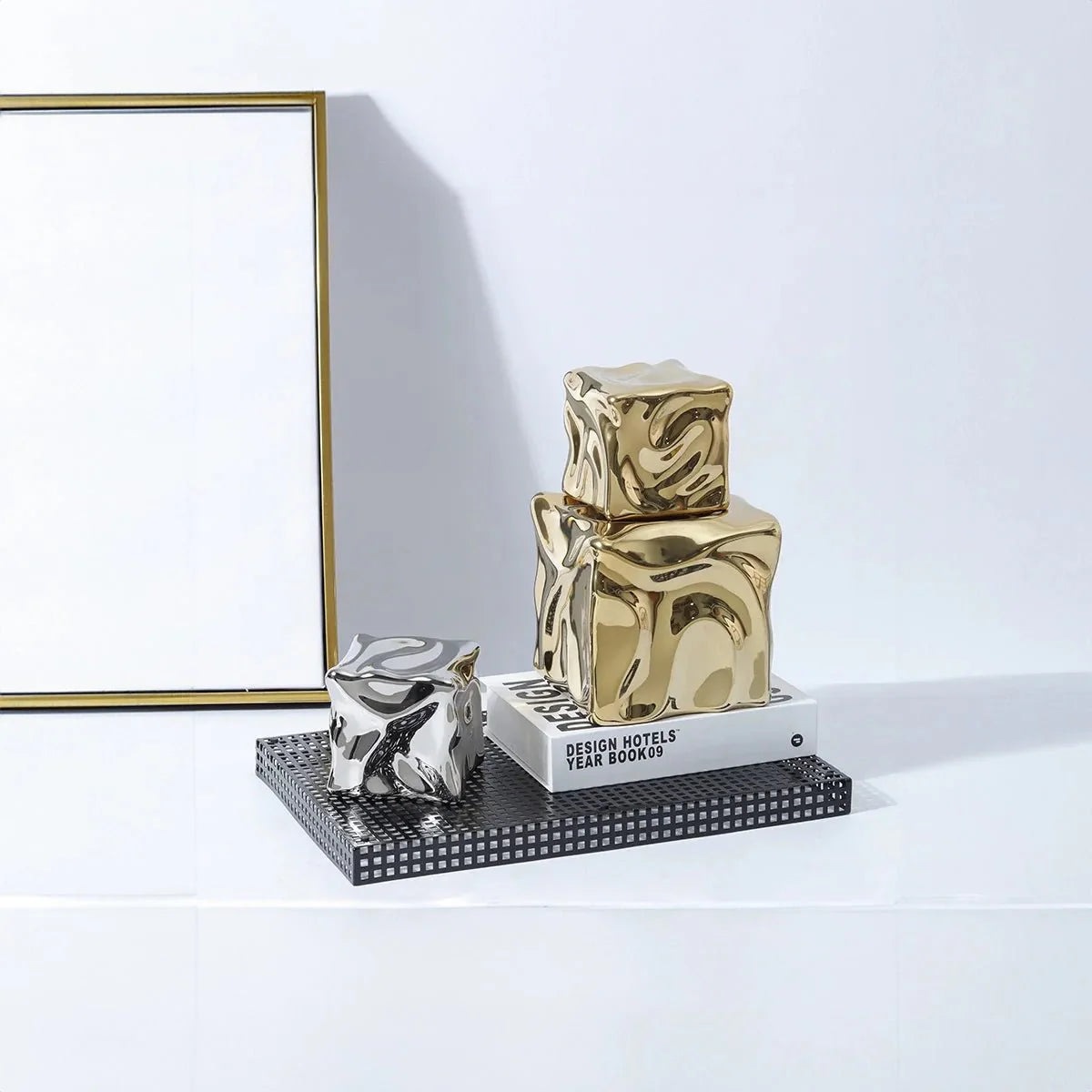 Metallic Coloured Cube Ornament in Modern Ceramic Design