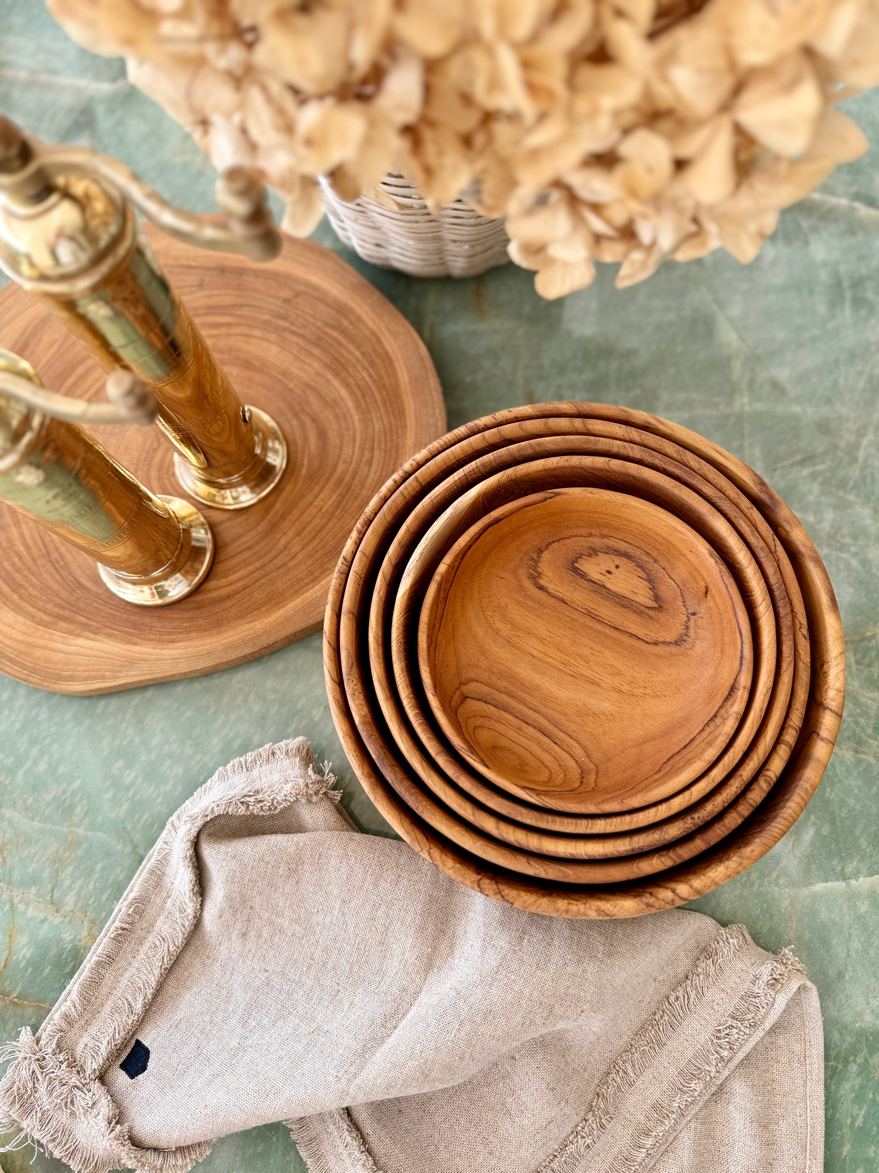 Handcrafted Teak Bowl Set – Nesting Design, 5 Piece