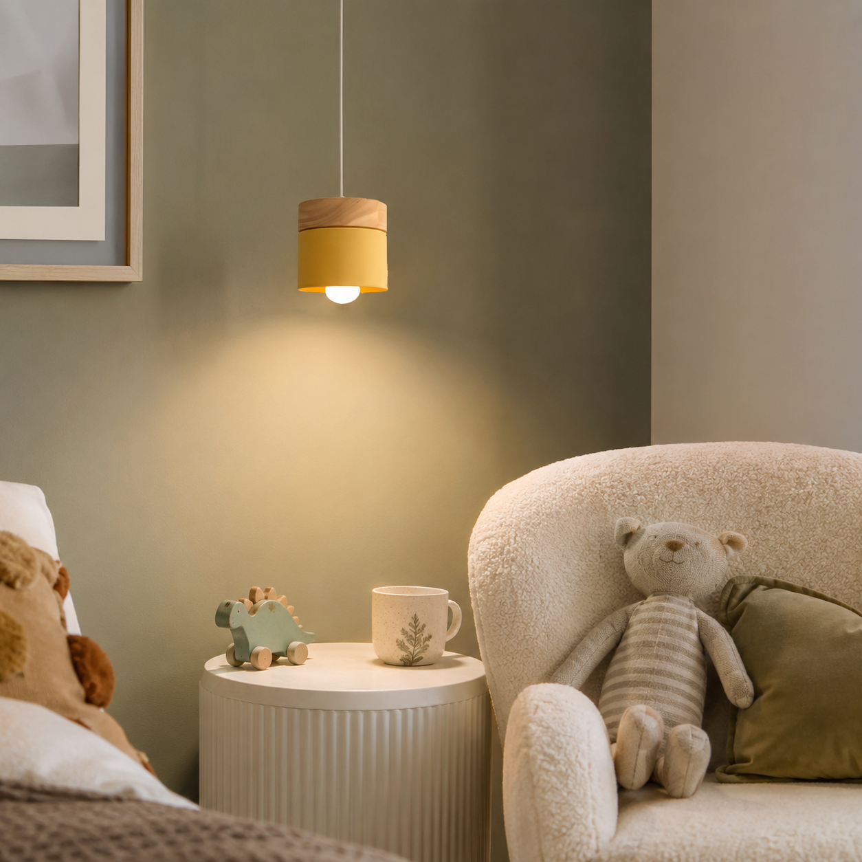Macaron Mini Pendant Light, Wood Top Loft Ceiling Lamp