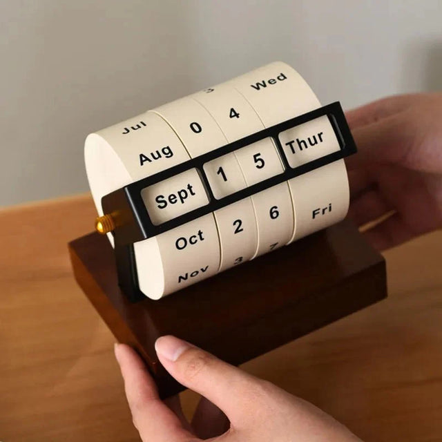 Modern Perpetual Wheel Desk Calendar in Wood and Metal