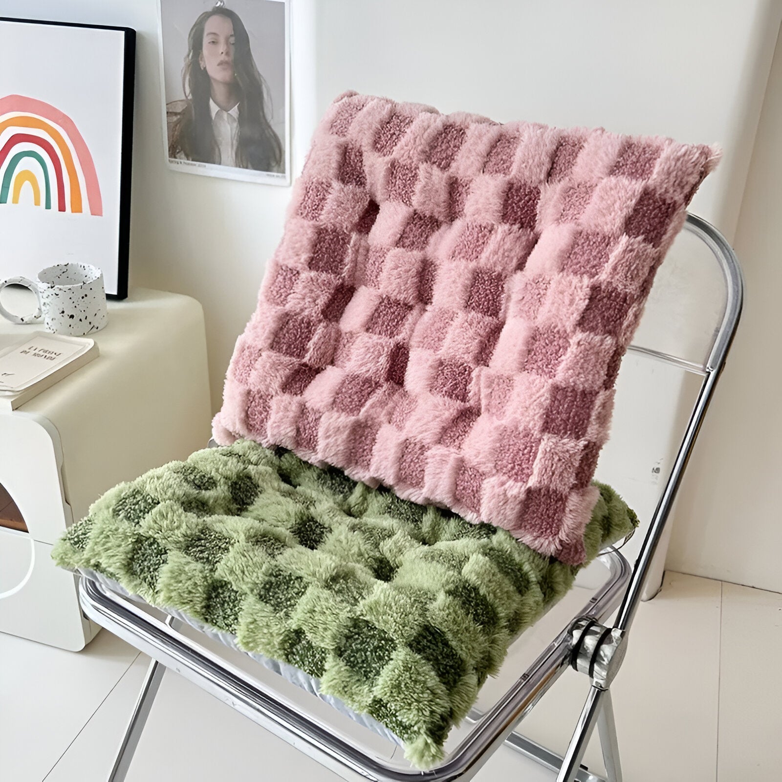Plush Checked Chair Cushion - Soft Cotton Filling, Square Design