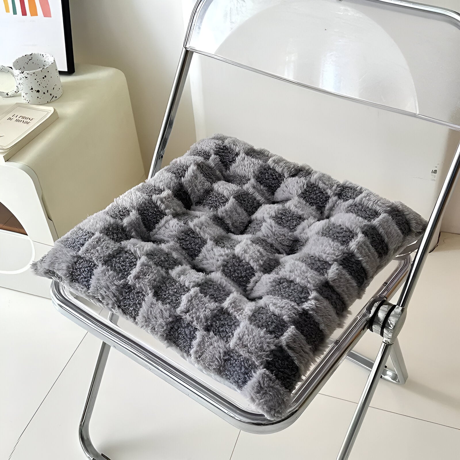 Plush Checked Chair Cushion - Soft Cotton Filling, Square Design