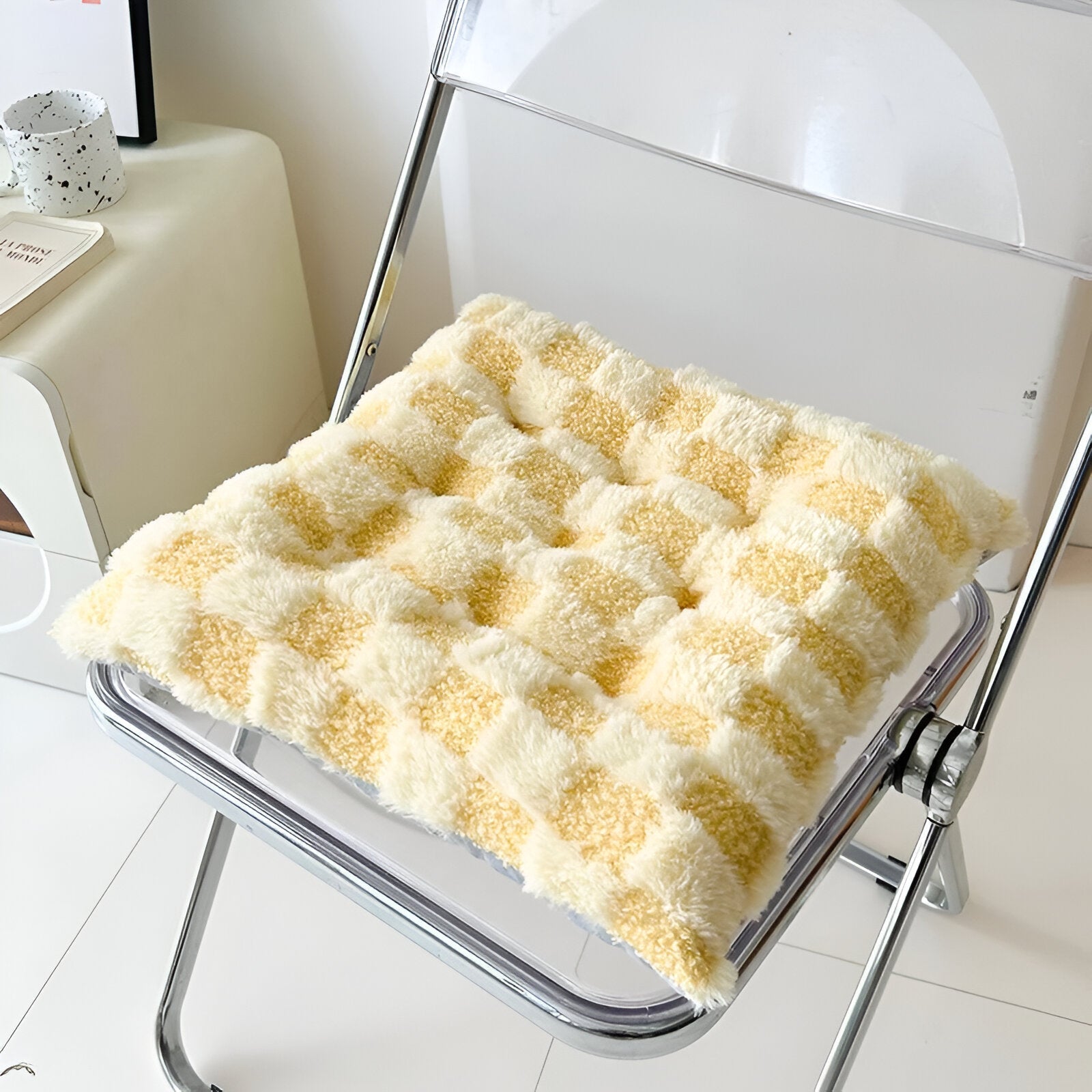 Plush Checked Chair Cushion - Soft Cotton Filling, Square Design