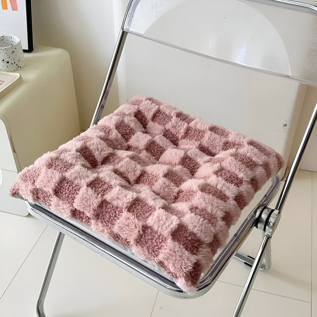 Plush Checked Chair Cushion - Soft Cotton Filling, Square Design