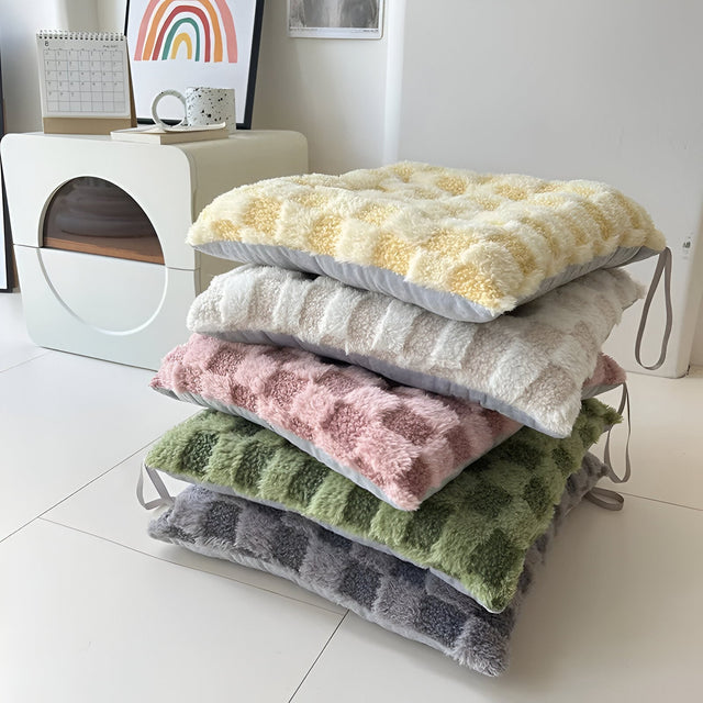 Plush Checked Chair Cushion - Soft Cotton Filling, Square Design