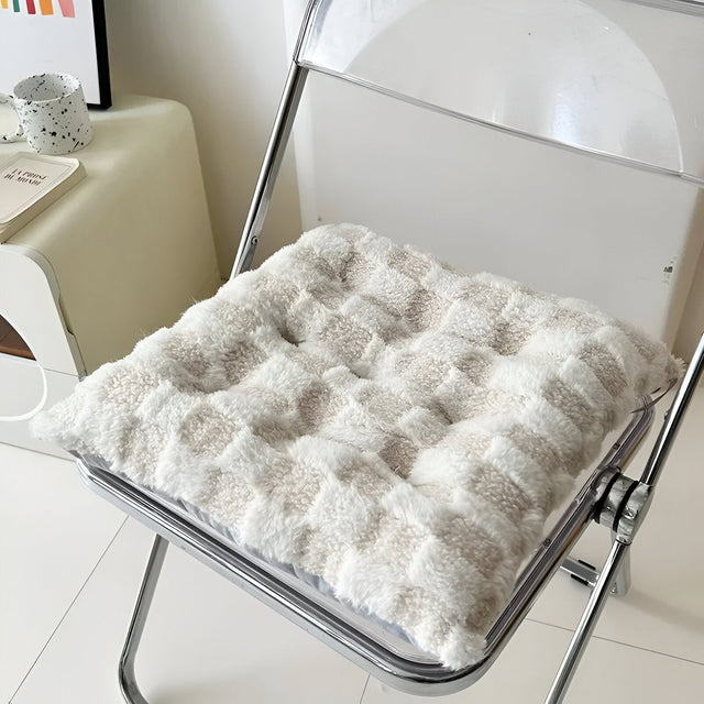 Plush Checked Chair Cushion - Soft Cotton Filling, Square Design
