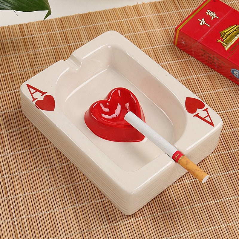 Poker Red Heart Ceramic Ashtray - Stylish Square Design