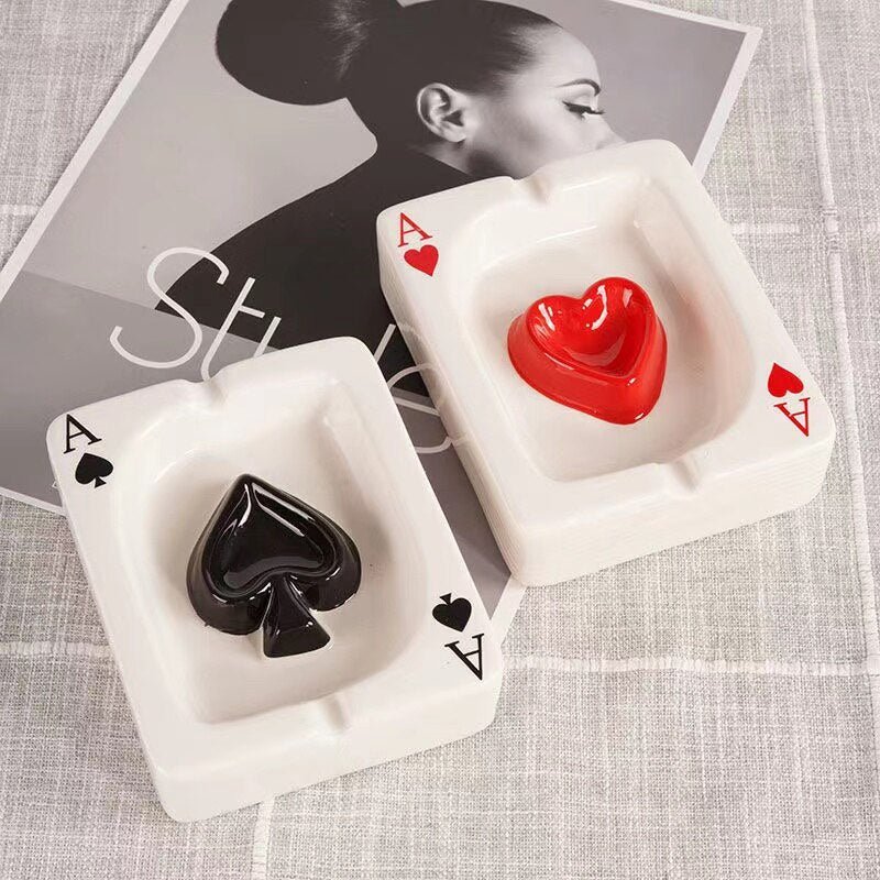 Poker Red Heart Ceramic Ashtray - Stylish Square Design
