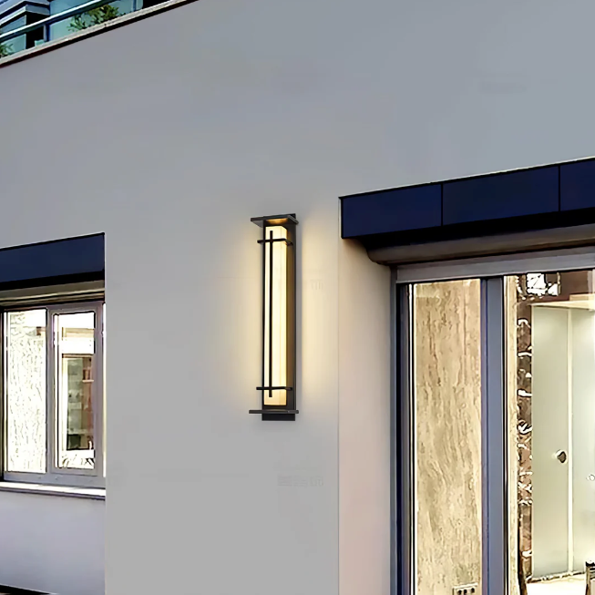 Tall Alabaster Black Outdoor Wall Light, Waterproof LED Caged Garden Bar Light