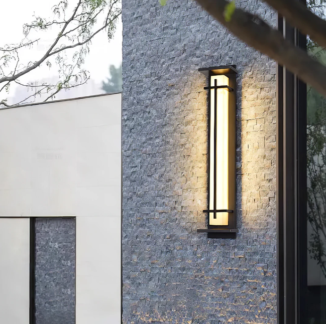 Tall Alabaster Black Outdoor Wall Light, Waterproof LED Caged Garden Bar Light