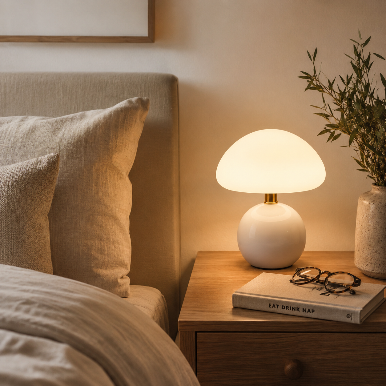 French Mushroom Table Lamp – Cream Bedside Lamp, LED, 6 Colours