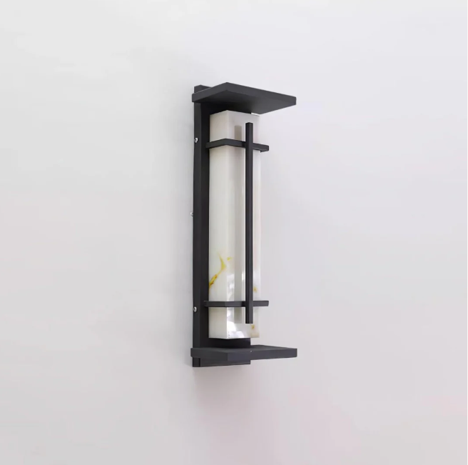 Tall Alabaster Black Outdoor Wall Light, Waterproof LED Caged Garden Bar Light