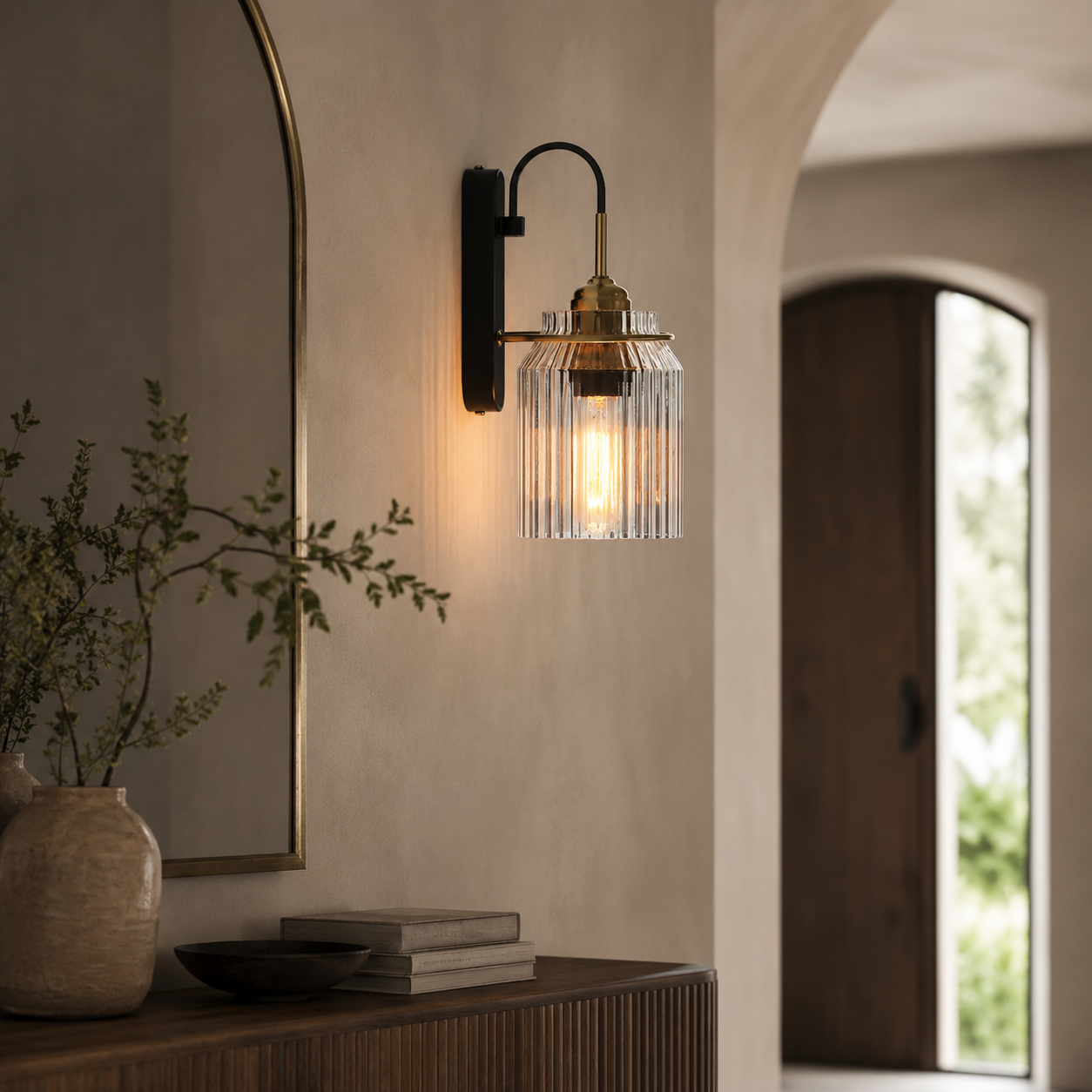 Industrial Glass Wall Sconce, Vintage Bedside Wall Light, Black & Brass