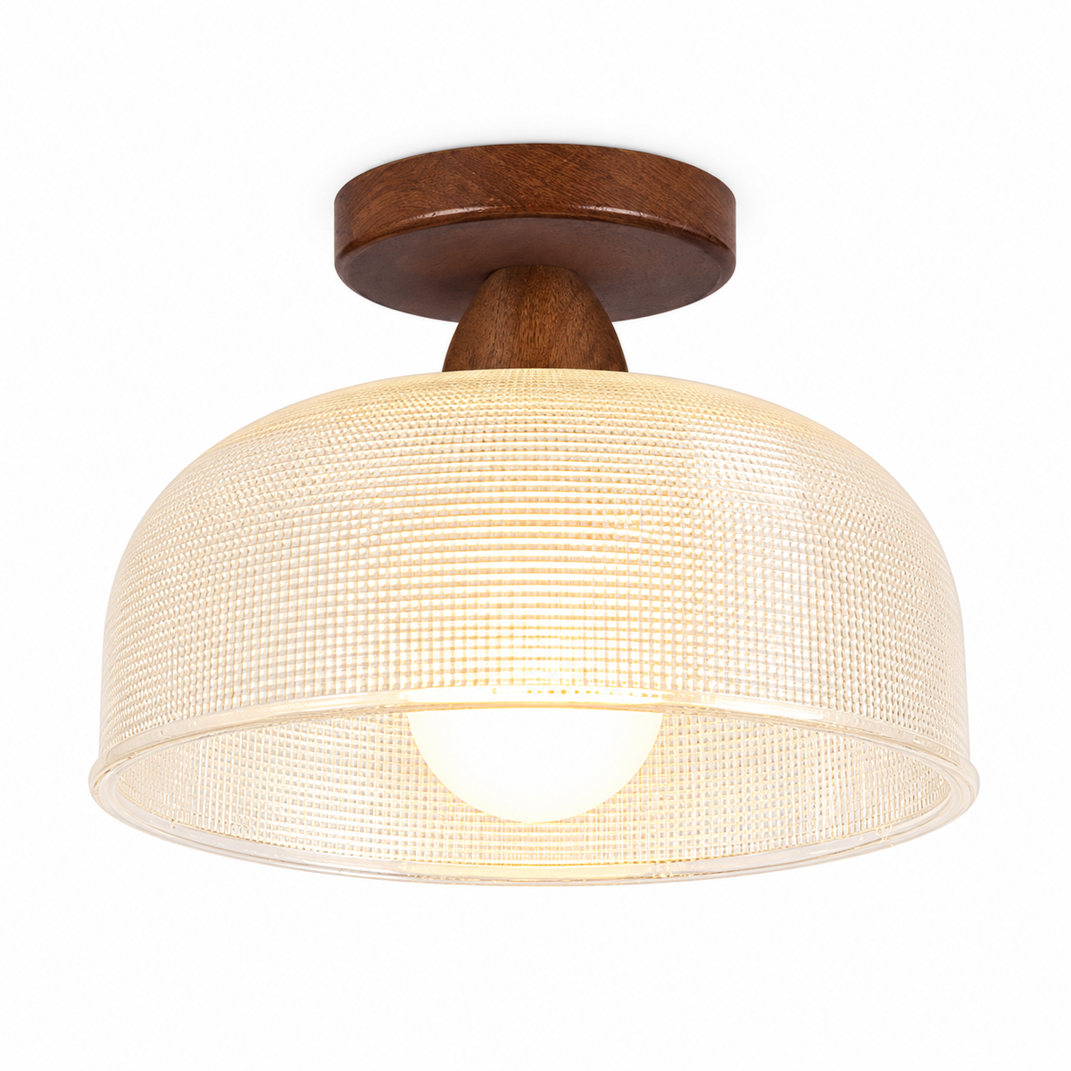 Ribbed Glass Ceiling Light - Walnut Wood Semi-Flush, 26cm - Product Photograph