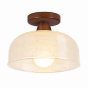 Ribbed Glass Ceiling Light - Walnut Wood Semi-Flush, 26cm - Product Photograph