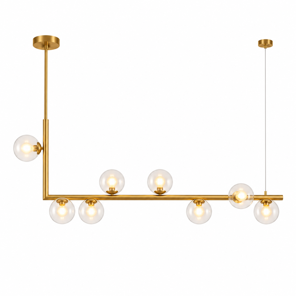 Glass Globe Chandelier - Gold 8-Light Linear Pendant, Clear Glass - Product Photograph